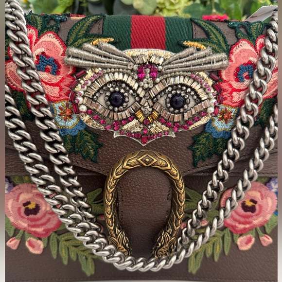 GUCCI Calfskin Web Owl Embroidered Medium Dionysus Shoulder Bag New Acero ~ NWT - Picture 2 of 16